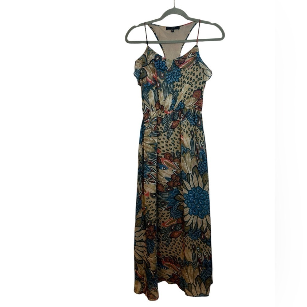 Eclair Peacoack Pattern Ruffle Maxi Dress